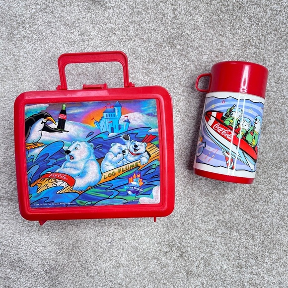 Vintage 1996 Coca Cola Bears Red Plastic Lunch Box Thermos Set - Picture 1 of 7